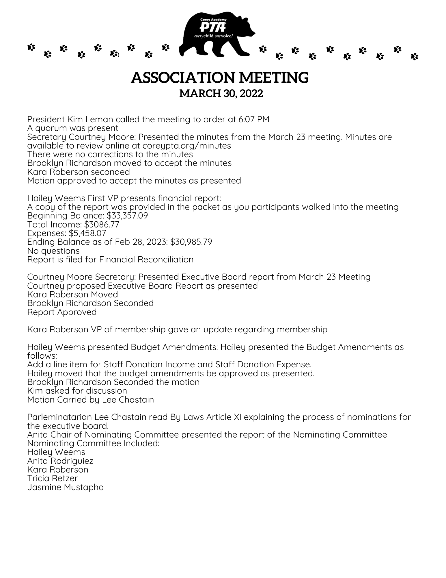 Corey PTA Association Meeting Minutes March 2023